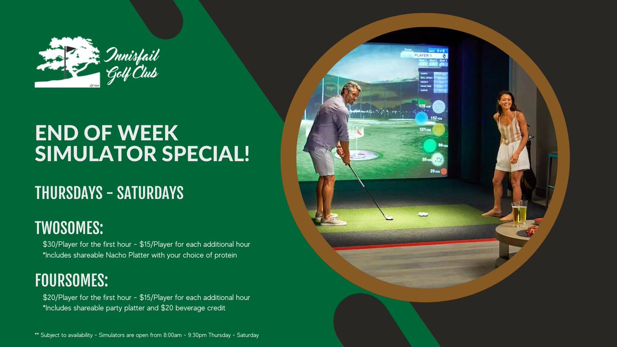If you have some down-time at the end of the week, and have a little bit of a golf addiction like we do, come on down and take advantage of our end-of-week specials!

Foursomes can play for two hours, for $35/player, and receive a Divots Party Platter, and a $20 beverage credit!