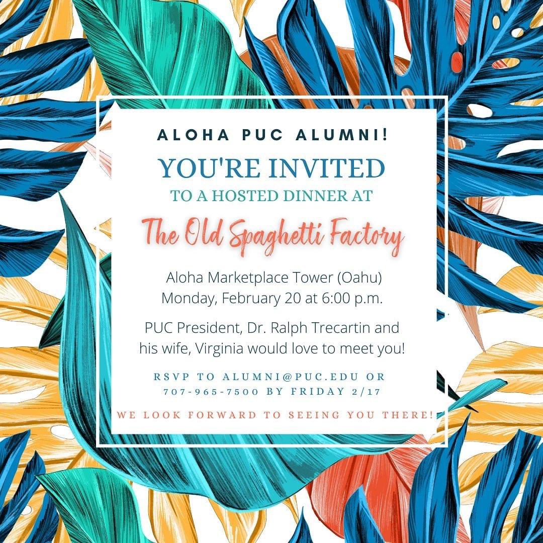 PUCalumni's tweet photo. Aloha, PUC alumni! We’re coming to Oahu 💚
Hope to see you there…
#pucalumni #oahu #pacificunioncollege #weloveourpucfamily https://t.co/qMabQX8dtj