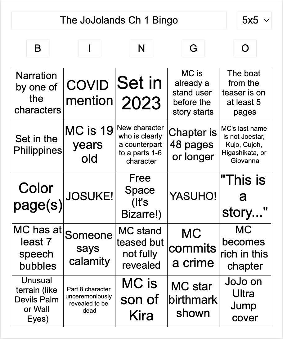 JoJo Stands Bingo Card