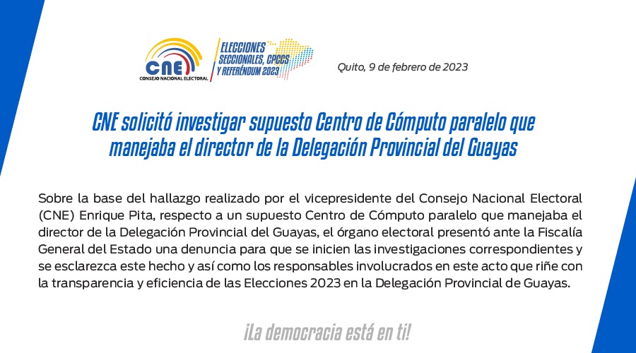 cnegobec's tweet photo. ATENCIÓN |  CNE solicitó a la @FiscaliaEcuador investigar supuesto Centro de Cómputo paralelo que manejaba el director de la Delegación Provincial del @CNEGuayas.

Los detalles aquí ⬇️ https://t.co/i3wHNj2I2k