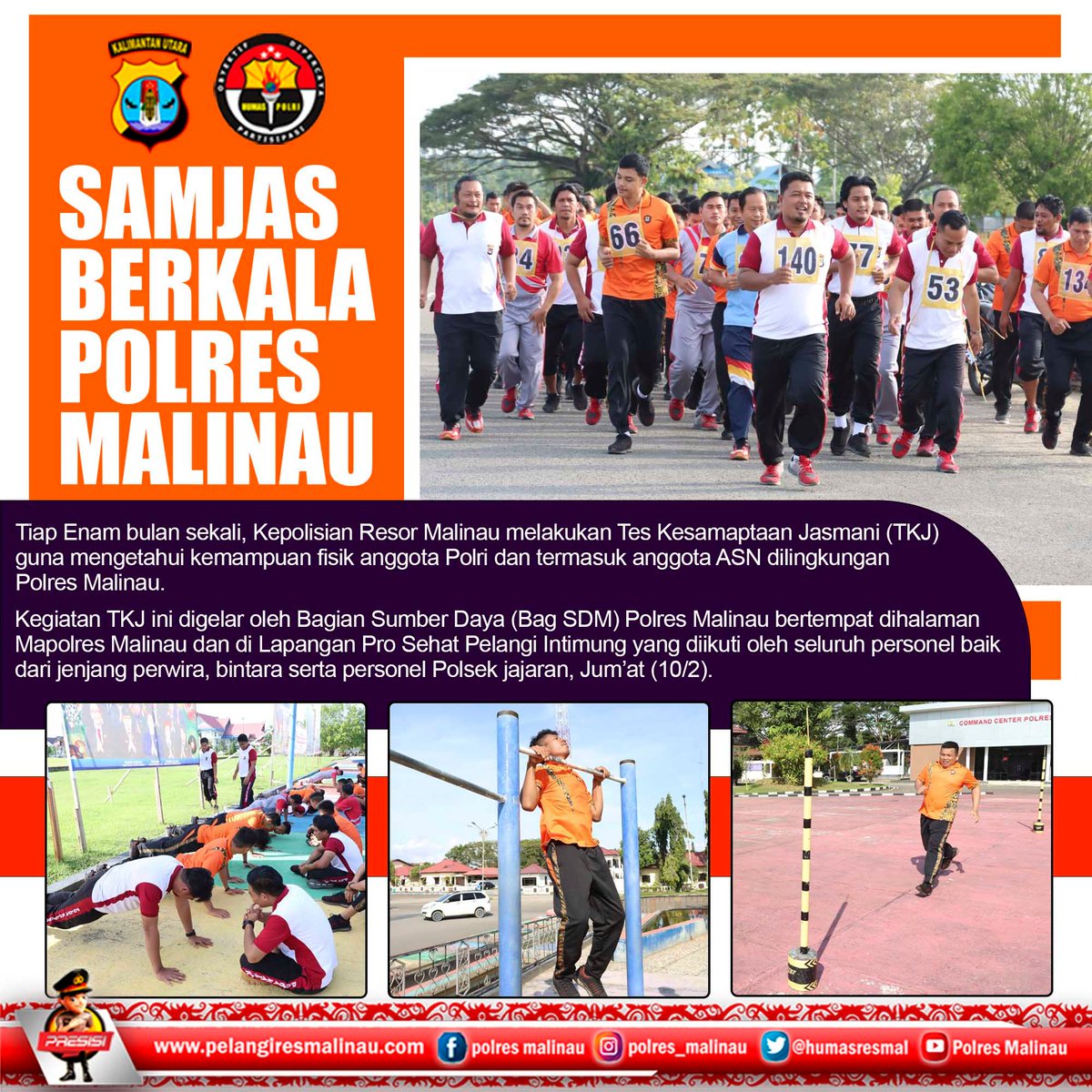 HumasResmal's tweet photo. Tiap Enam bulan sekali, Kepolisian Resor Malinau melakukan Tes Kesamaptaan Jasmani (TKJ) guna mengetahui kemampuan fisik anggota Polri dan termasuk anggota ASN dilingkungan Polres Malinau. Jum’at (10/2).
Polda Kaltara
#polresmalinau
#samjas
#kesamaptaan
#jasmani
#tkj
#malinau https://t.co/v3p7itt3s6