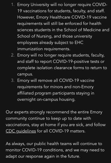 KelleyKga's tweet photo. Amazing news! Emory University just dropped Covid vaccine mandates for students, staff, faculty, and participants in other programs that use on-campus housing! They also won't require reporting of positive tests or isolation forms. https://t.co/y6lngUkv7E