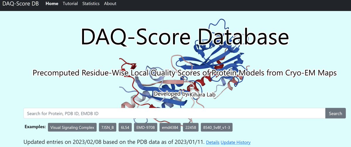 The DAQ-Score Database has been updated! It now includes evaluation of over 140,000 protein chain structures drived #Cryo-EM maps. Visit daqdb.kiharalab.org to access the database. The original DAQ paper is at nature.com/articles/s4159….