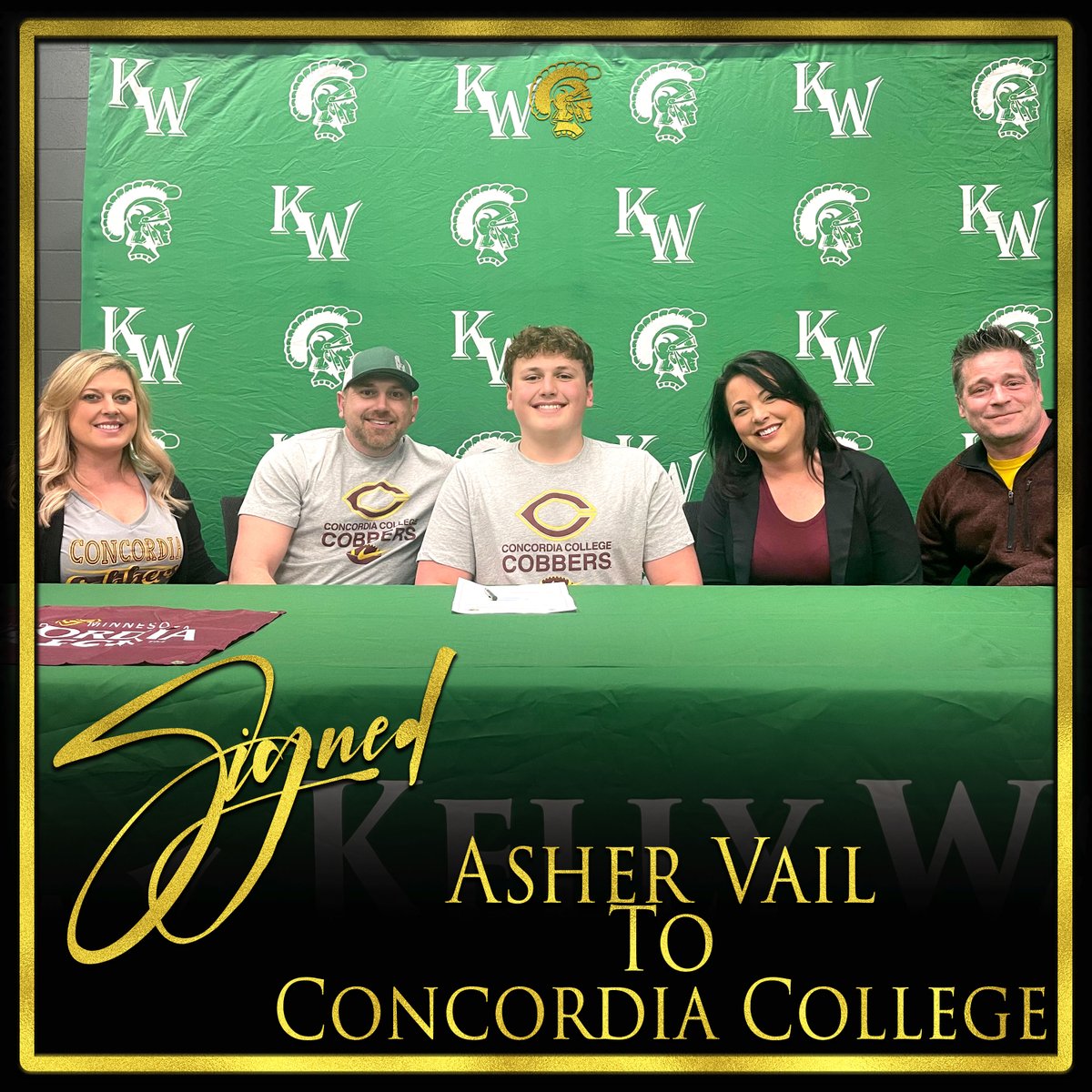 KellyWalshHS's tweet photo. Congratulations to Asher Vail on signing to continue his academic and football career at Concordia College.  We're proud of you Asher!  #EarnYourSword #TheresOnlyOneKellyWalsh https://t.co/cOziJNaafl