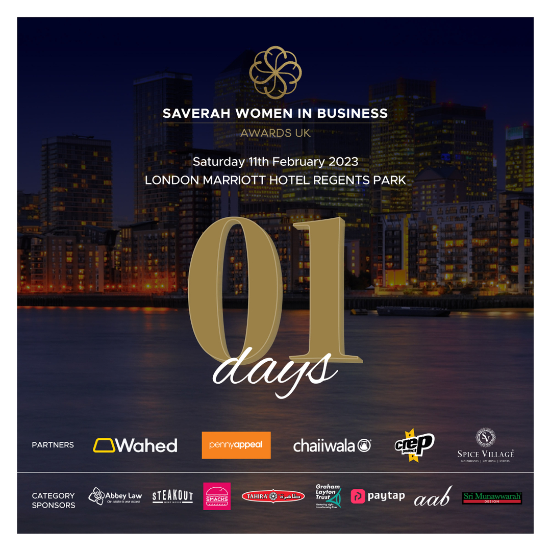 1 Day Left !
Join us for the most exciting Women in Business Awards on Saturday 11th February 2023 at the London Marriott Hotel Regents Park. 

Doors open at 6pm with reception drinks and canapes, along with our photographer's ready to click everyone. Engage, network and socializ