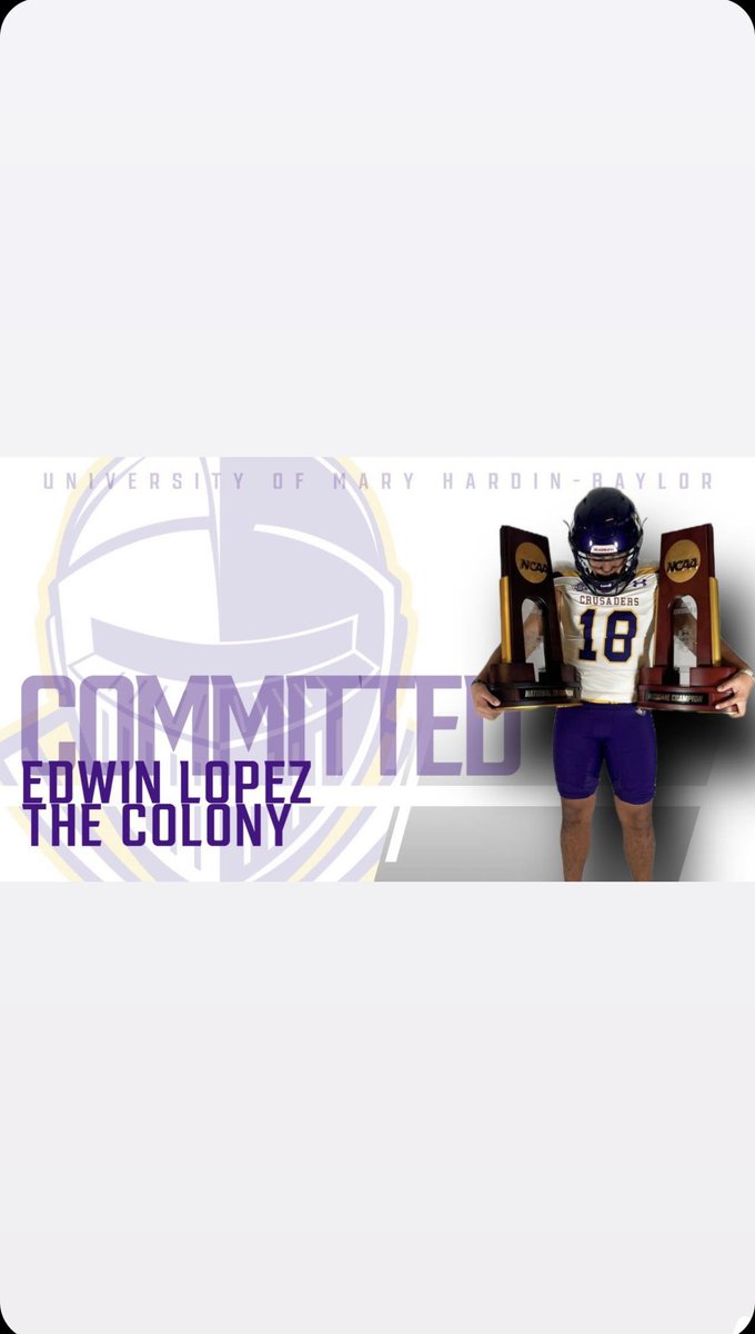 Blessed and honored to announce my commitment The University Of Mary Hardin-Baylor . I’d like to thank God , My family , my friends and my coaches  for supporting me through out this journey. #cru #gbgc #agtg 💜💛 <a href="/CruFootball/">UMHB Football🏈</a> <a href="/TCougarfootball/">TCHS Cougar Football</a> <a href="/Bgrady21/">Coach Grady</a>