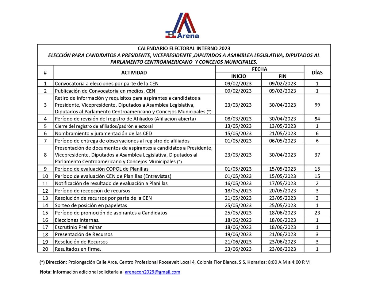 Arena_Cen2026's tweet photo. Se comparte el Calendario Electoral Interno 2023, eleccion para candidatos a Presidente y Vicepresidente de la República, Diputados de la Asamblea Legislativa, PARLACEN y Consejos Municipales. #AquíEstamos https://t.co/o25HO6H5Re