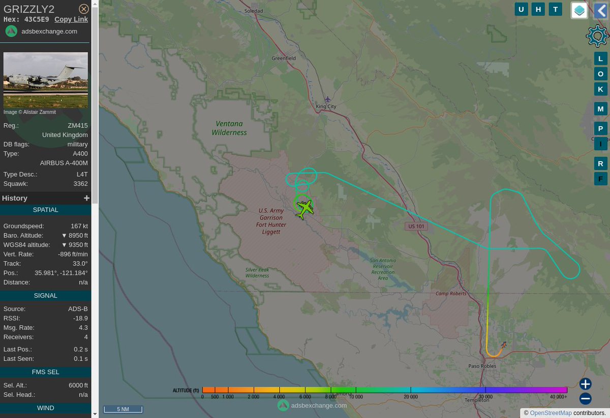 Radar_Assistant's tweet image. MULTI ADSBX MANOEUVRING ALERT : At time Fri Feb 10 01:48:11 2023 #GRIZZLY2 was likely to be manoeuvring at FL107 2nm from HGT Hunter_Liggett_NDB_US
 near Argyle Road, Jolon, Monterey County, California, 9 #AvGeek #ADSB globe.adsbexchange.com/?icao=43C5E9&amp;amp;z…