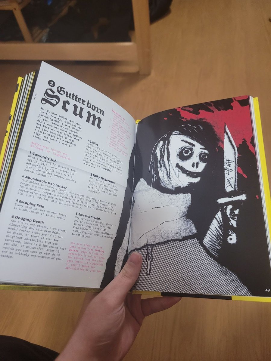 CampaignComp's tweet image. Mork Borg has 6 different classes to choose from within the core rulebook: The Fanged Deserter, Gutterborn Scum, Esoteric Hermit, Wretched Royalty, Heretical Priest, and Occult Herbmaster. They all reflect the dark tone of the game and give background on your characters origins.