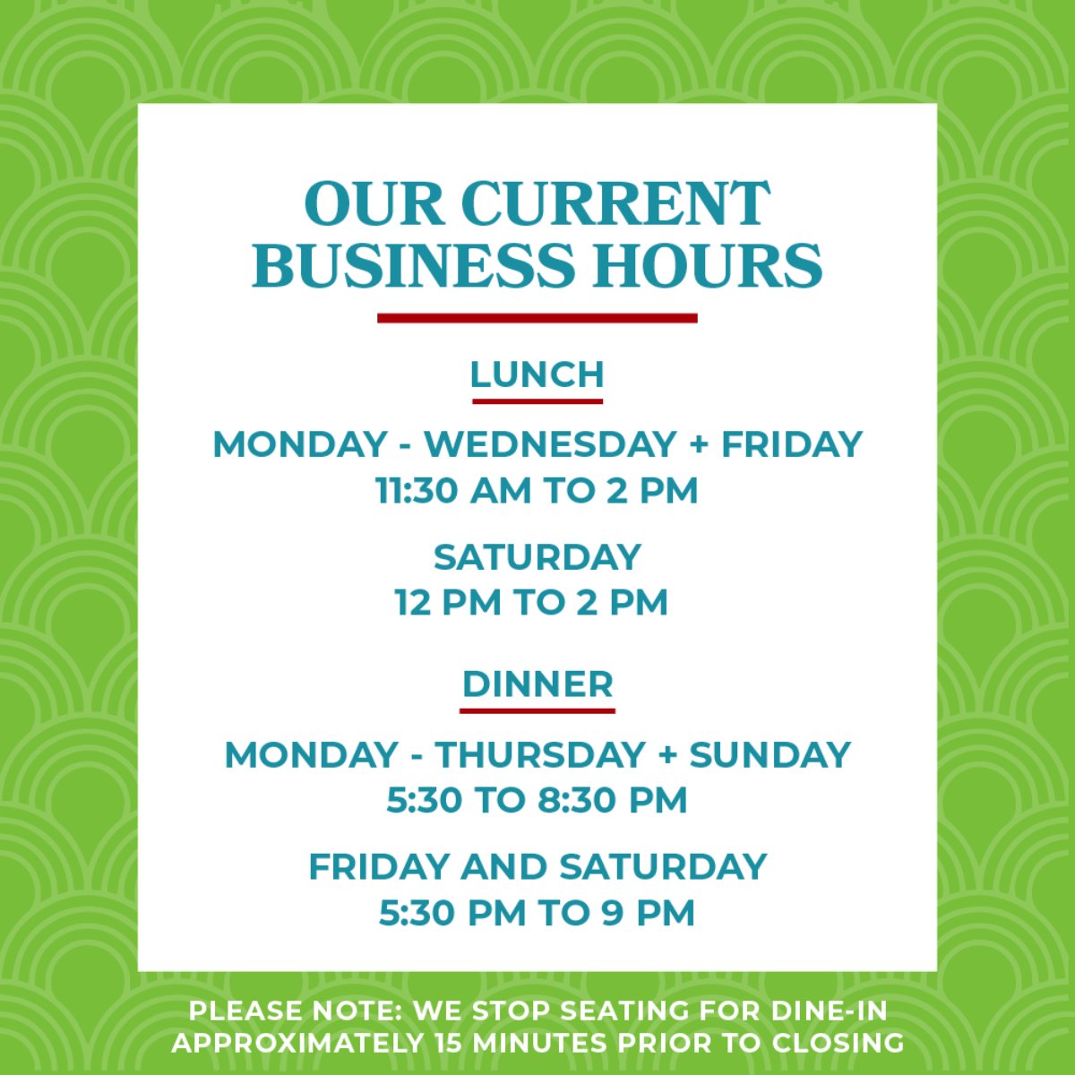 IndiasDenver's tweet photo. Take a quick peek at our current business hours! Come enjoy a great meal with us today. Please note: We stop seating for dine-in approximately 15 minutes prior to closing. https://t.co/Iy22sdQQrJ