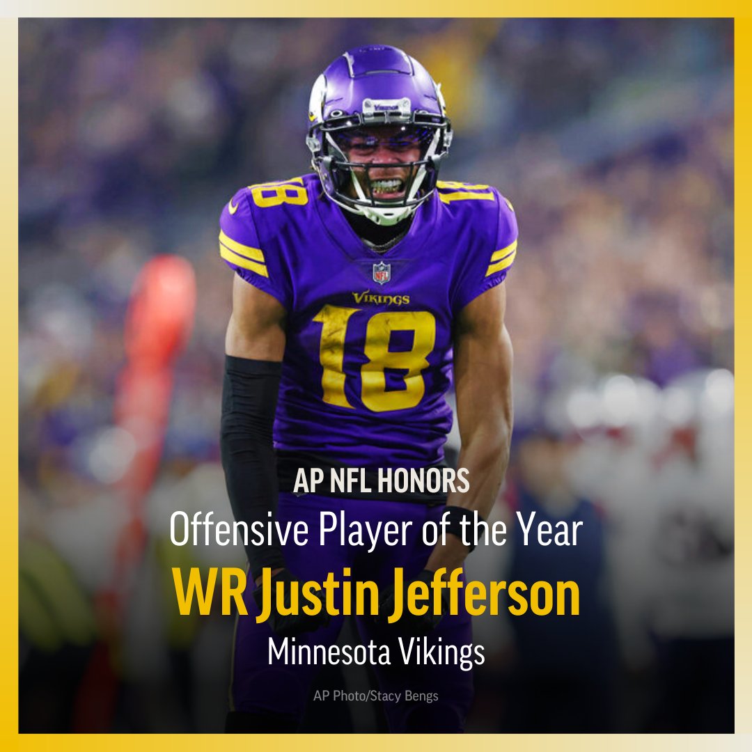 AP's tweet photo. Justin Jefferson is a runaway winner of the AP NFL Offensive Player of the Year award!

The Minnesota Vikings wide receiver got 35 of 50 first-place votes to beat runner-up Patrick Mahomes by a significant margin. 

https://t.co/mdkYG9AgJ5 https://t.co/6xGyMbg3Zp