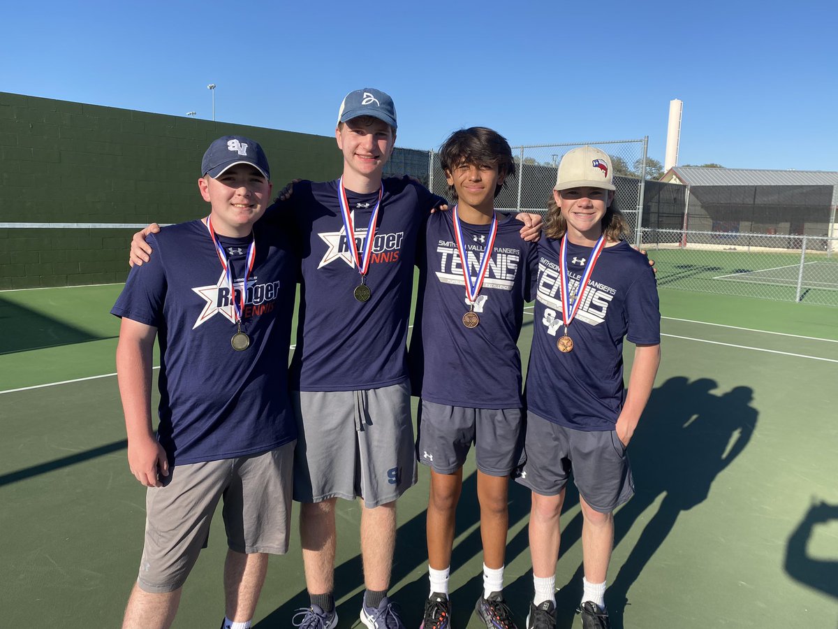 SVRangerstennis's tweet photo. JV Rangers took to the courts in Hayes today. 1st place boys dbls Kyle Dear/Jacob Brown, third place boys dbls Santiago Acosta/Hayden Landacre. 3rd place mxd dbls winners Jake Hooker and Ali Silva. Dani Arranda 3rd place women’s singles. Great job today @DrChapmanCISD @SV_Rangers https://t.co/34yd2mZtki