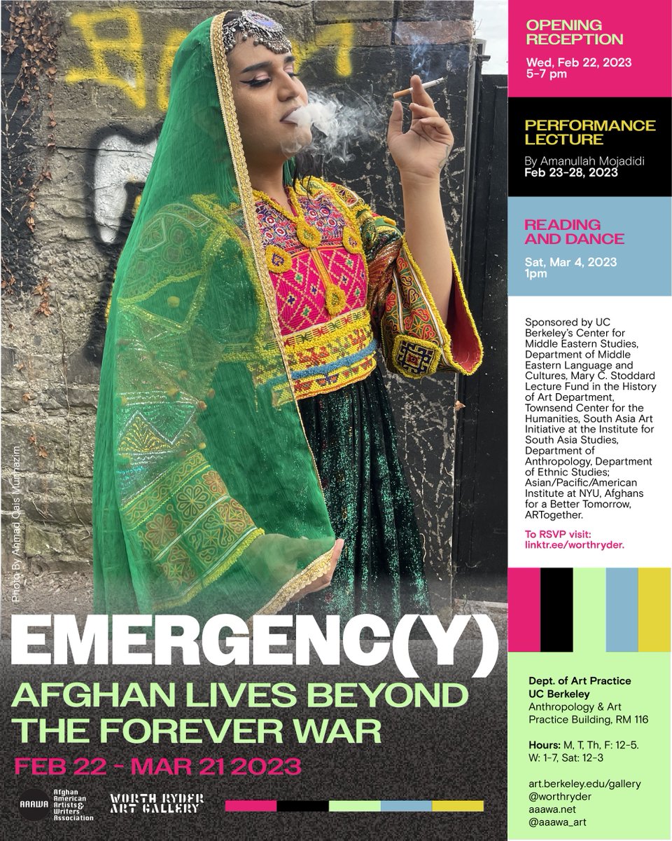Opens Feb. 22nd!

“Emergenc(y): Afghan Lives Beyond the Forever War” showcases the everyday creative capacities of Afghan people to resist and to push beyond the usual representations of Afghanistan. 

All events are free and open to the public. 

RSVP: linktr.ee/worthryder