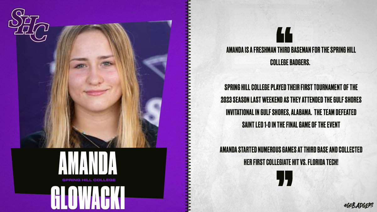 Good luck to 2022 BHS alumni <a href="/glowacki_amanda/">amanda glowacki</a>
and <a href="/ShcSoftball/">Spring Hill College Softball</a> this upcoming season!  Spring Hill College continues their 2023 campaign at the UAH "Chillout" Tournament in Albertsville, Alabama this weekend! <a href="/BHS220Athletics/">BarringtonAthletics</a>
