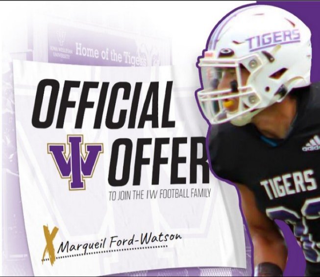 Marqueil Ford-Watson (@marqueilford) on Twitter photo After a great talk with <a href="/zactallent11/">Coach Tallent</a> @CoachTaylor_IW I'm Blessed to receive an official OFFER to play at <a href="/IWTigerFootball/">Iowa Wesleyan Football</a> 💜🖤 Go Tigers
<a href="/MHSdogsfootball/">Melbourne High School Football</a> <a href="/Boodrobinford/">Thomas “Boodro” Binford</a> <a href="/Hinds_football/">𝕵𝕬𝕸𝕰𝕾 𝕳𝕴𝕹𝕯𝕾🥤✍</a> <a href="/LoBarnhill32/">Logan Barnhill</a> <a href="/CoachS_Hughes/">Coach Steven Hughes Sr.</a> After a great talk with <a href="/zactallent11/">Coach Tallent</a> @CoachTaylor_IW I'm Blessed to receive an official OFFER to play at <a href="/IWTigerFootball/">Iowa Wesleyan Football</a> 💜🖤 Go Tigers
<a href="/MHSdogsfootball/">Melbourne High School Football</a> <a href="/Boodrobinford/">Thomas “Boodro” Binford</a> <a href="/Hinds_football/">𝕵𝕬𝕸𝕰𝕾 𝕳𝕴𝕹𝕯𝕾🥤✍</a> <a href="/LoBarnhill32/">Logan Barnhill</a> <a href="/CoachS_Hughes/">Coach Steven Hughes Sr.</a>