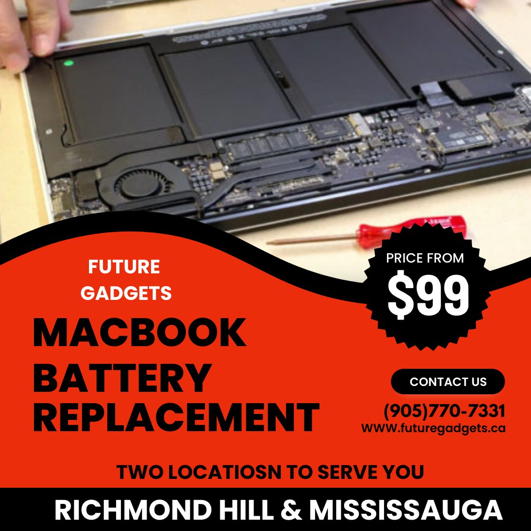 futuregadgetsca's tweet image. New battery, new life 💻🔋 Upgrade your MacBook's energy levels and say goodbye to those low battery warnings with a fresh replacement! #MacbookBatteryReplacement #RevitalizedMacbook #TechRefresh