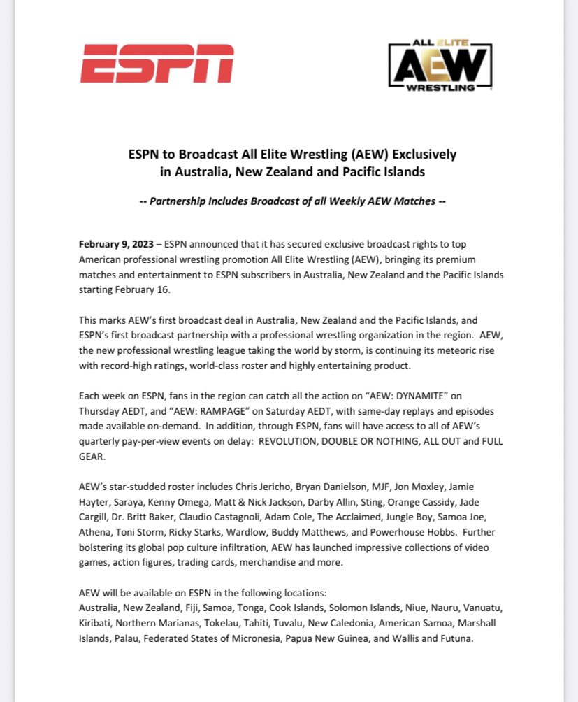 🚨🚨🚨¡ÚLTIMA HORA!🚨🚨🚨

AEW confirma que ESPN será su casa televisiva en Australia, Nueva Zelanda y las islas del Pacífico 🔥