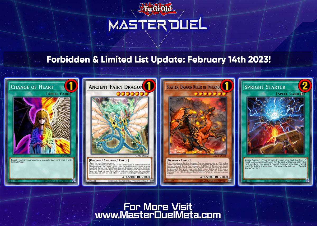 MasterDuelSite's tweet photo. A new Forbidden &amp; Limited List has been announced for Yu-Gi-Oh! MASTER DUEL - going live on February 14th 2023! 

Details: https://t.co/IK7aOYGTo8

#MasterDuel #YuGiOh #YuGiOhMasterDuel #遊戯王マスターデュエル https://t.co/FZaZxj0ZcE