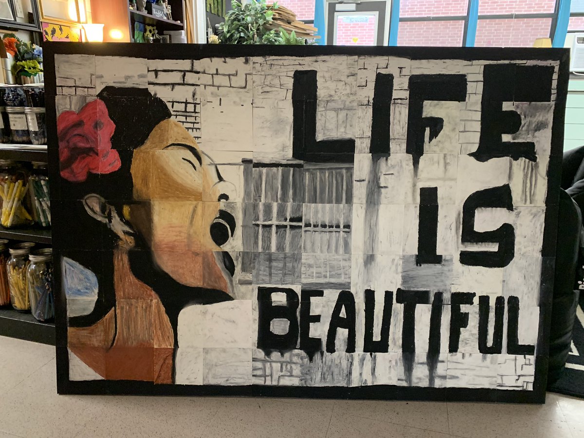 6 &amp; 7th grade Visual Art S’s worked together on this gorgeous 38x55 oil pastel mural reproduction of Banksy’s Life Is Beautiful featuring Billie Holiday in honor of Black History Month. Share the love! #BlackHistoryMonth #Banksy #RandolphSchools <a href="/jdiegidio1/">John DiEgidio</a> <a href="/RandolphSchools/">Randolph Schools</a>