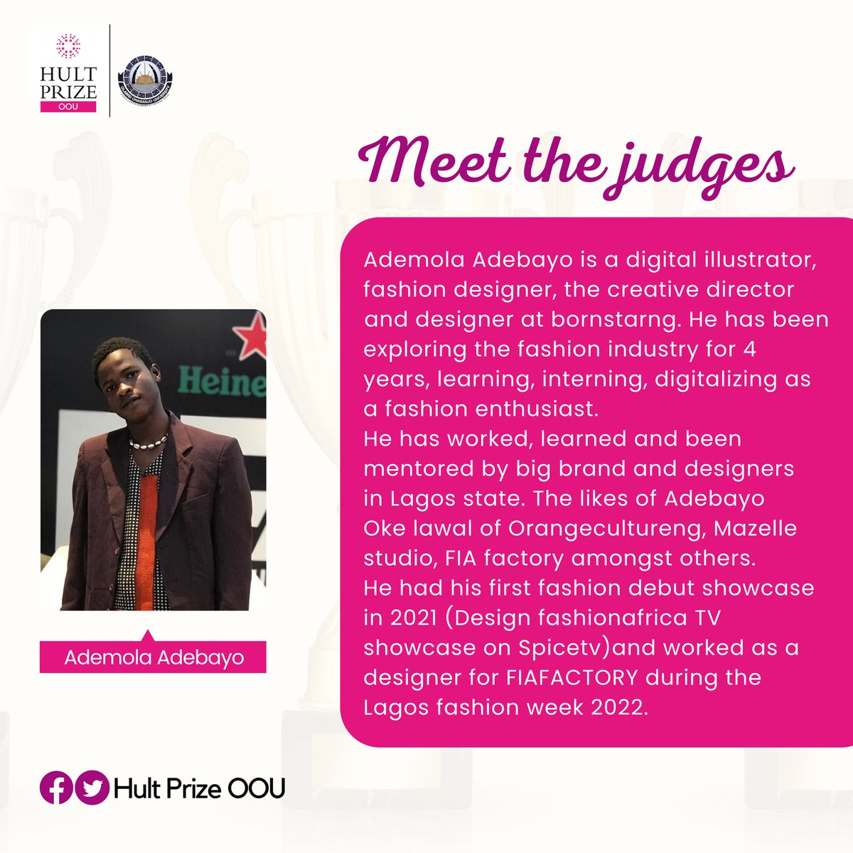 HultPrizeOOU's tweet photo. MEET ADEDAMOLA ADEBAYO

He is creative director and designer at bornstarng,
He has has been diving and exploring the fashion industry for 4 years, learning, interning, designing and digitalizing as a fashion enthusiast. https://t.co/DkWP7xjlwi