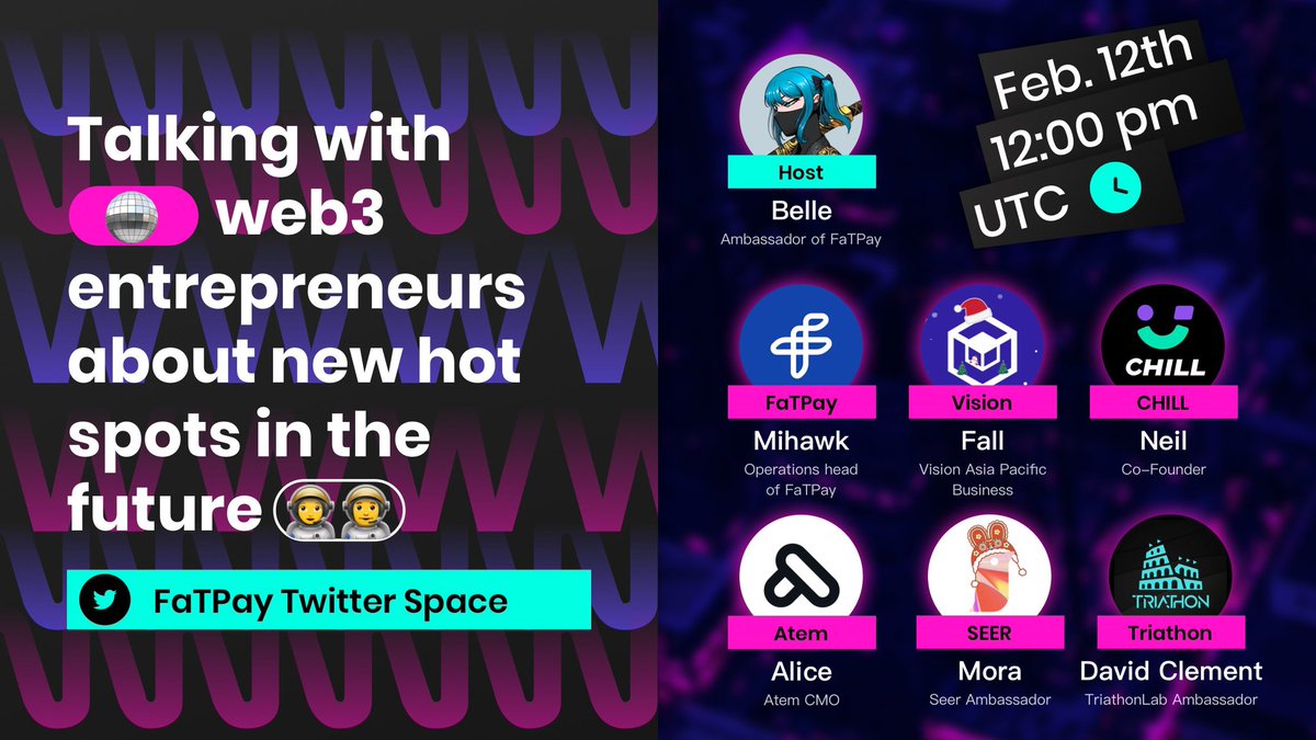 🔊Upcoming #AMA 

What will be the new hot spots in the future? Come and join us to talk with @realFaTPay <a href="/Vision_Chain/">Vision Metaverse</a> <a href="/chillweb3/">CHILL｜Web3 Health Portal</a> <a href="/SeerFoundation/">SEER.web3</a> <a href="/TriathonLab/">Triathon</a>

🗓️Time: 8:00 PM 12th Feb
📍Location: x.com/i/spaces/1yoKM…

Set reminder and see you soon!

#Web3 #Socialfi