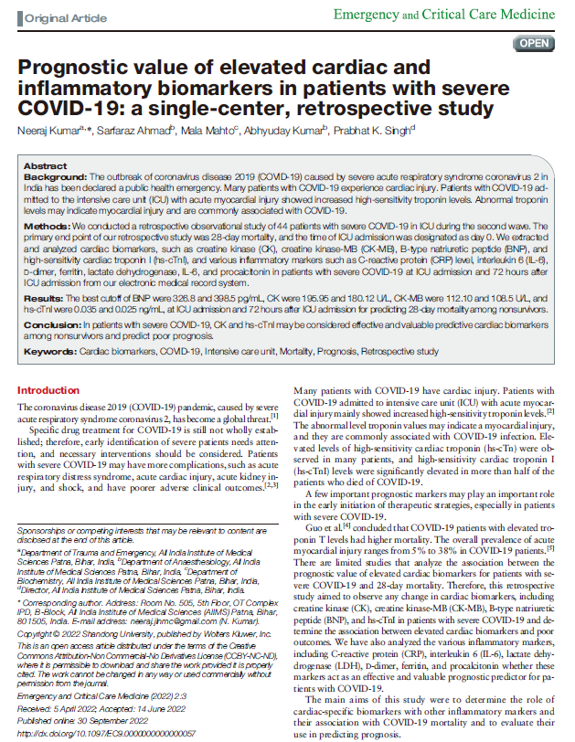 ECCM_official's tweet photo. #Infection /#Sepsis Issue: For patients with severe #COVID19, early determination of CK-MB and hs-cTnI may help predict the possibility of adverse outcomes and improve patient prognosis. @drneeraj_aiimsp #ECCM #EmergencyandCriticalCareMedicine
https://t.co/XlV5Lxio9O https://t.co/WxbPHpXpGC