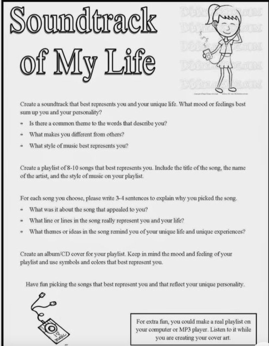 A cross-curricular music activity that connects youth to a sensory activity that allows for a written reflection of how songs make them feel! Students will also be able to reflect on peers music choices by comparing and contrasting their soundtracks. 🎶🎼 <a href="/PJLanguageArts/">PJ Language Arts Methodology UWindsor</a>