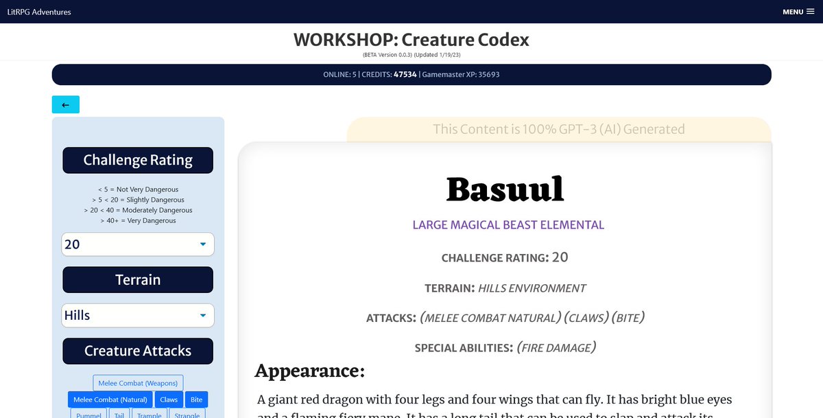 LitRPGforum's tweet image. Feeding #GPT3 output to #deepdreamgenerator...

A giant red dragon with four legs and four wings that can fly. It has bright blue eyes and a flaming fiery mane. It has a long tail that can be used to slap and attack its enemies. 

#AI #DND #Dndart