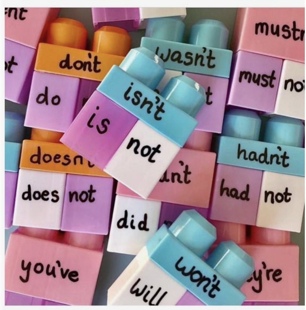 Contraction manipulatives for young learners to use their fine motor skills to connect words or break them down using building blocks.🤔 <a href="/PJLanguageArts/">PJ Language Arts Methodology UWindsor</a>