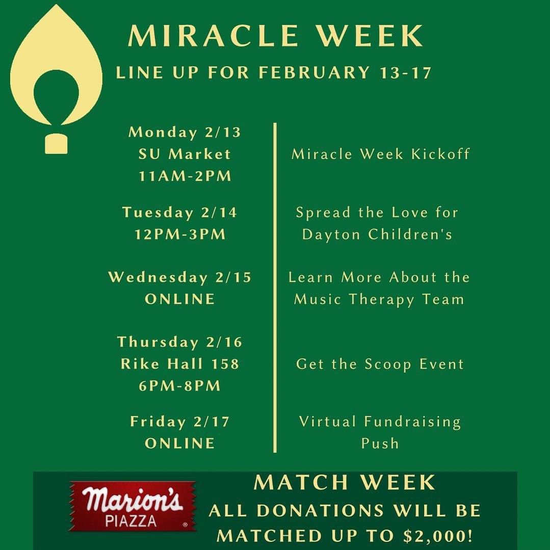 WSU_MM's tweet image. Miracle Week starts 4 days from today! Join us for a week full of fun! Also, @marionspiazza will be matching donations all week long! Get excited for what is coming soon! #kidscantwait #makingmiracles #kcw