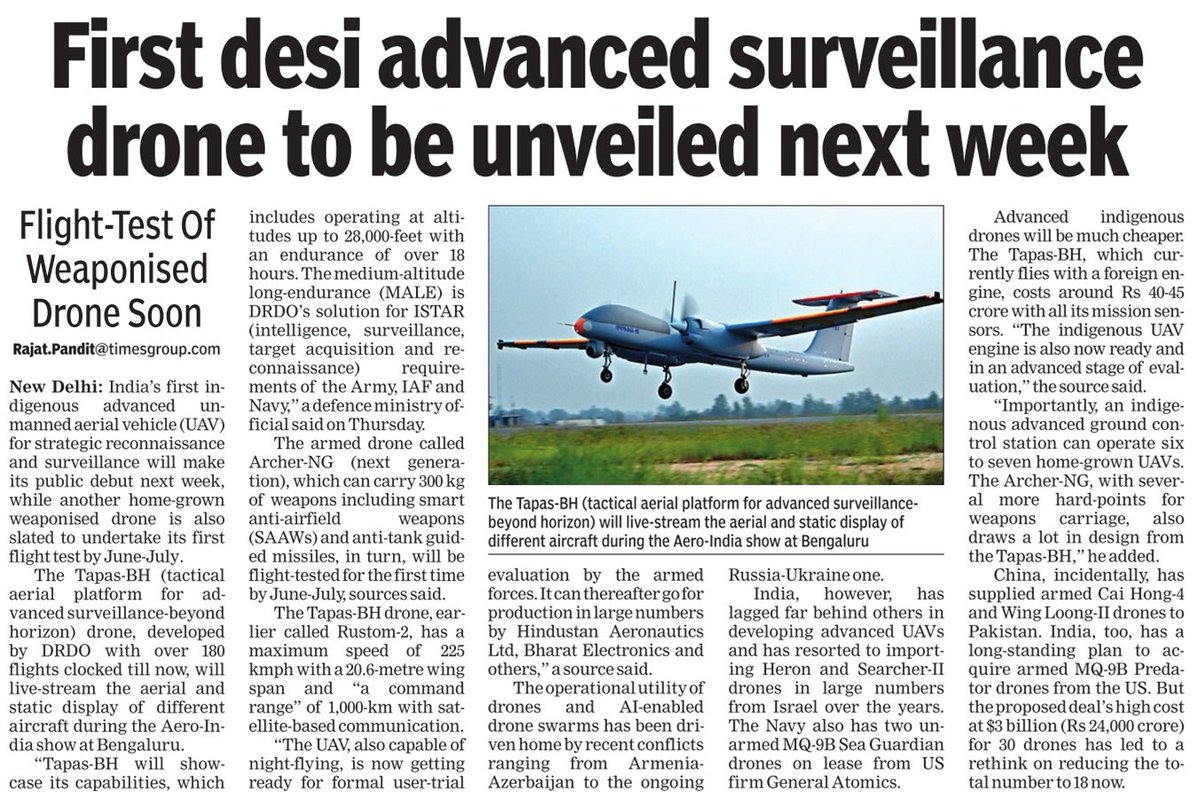 IamRajat_Pandit's tweet photo. #TapasBH can operate at altitudes up to 28,000-feet with an endurance of over 18 hours. Earlier called #Rustom2, the UAV with “a command range” of 1,000-km with SATCOM communication, is now getting ready for user-trial evaluation by the armed forces. #DesiDrones https://t.co/QXi1HVt7r2