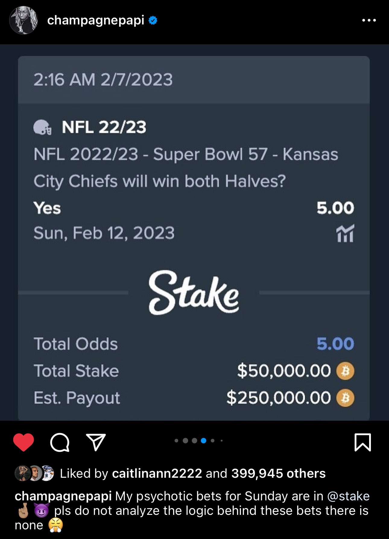 Jesse Morse, MD on X: 'Drake's bets for the SB are in. Which one