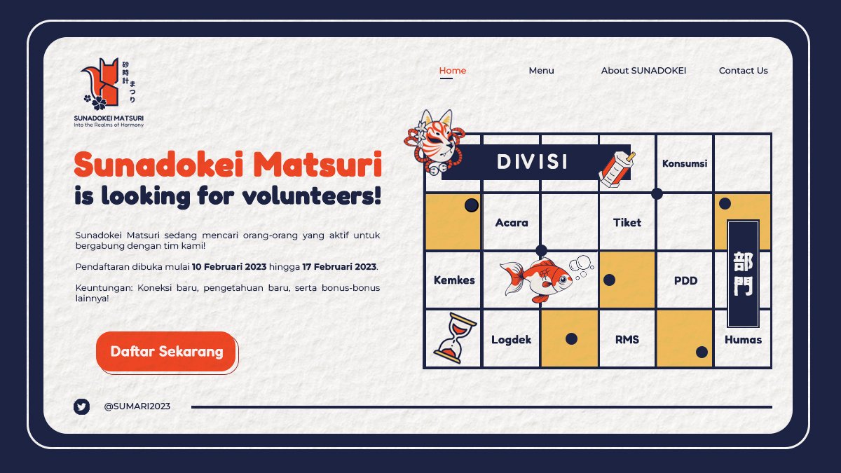 ㅤㅤ

ㅤㅤㅤㅤ📢 𝗔𝗡𝗡𝗢𝗨𝗡𝗖𝗘𝗠𝗘𝗡𝗧!!

ㅤㅤㅤOpen Recruitment Volunteer 
ㅤ      𝗦𝗨𝗡𝗔𝗗𝗢𝗞𝗘𝗜 𝗠𝗔𝗧𝗦𝗨𝗥𝗜 𝟮𝟬𝟮𝟯

皆さん! Sunadokei tengah mencari volunteer untuk bergabung. Klik tautan ini untuk informasi lebih lengkap.
ㅤㅤ
ㅤㅤ