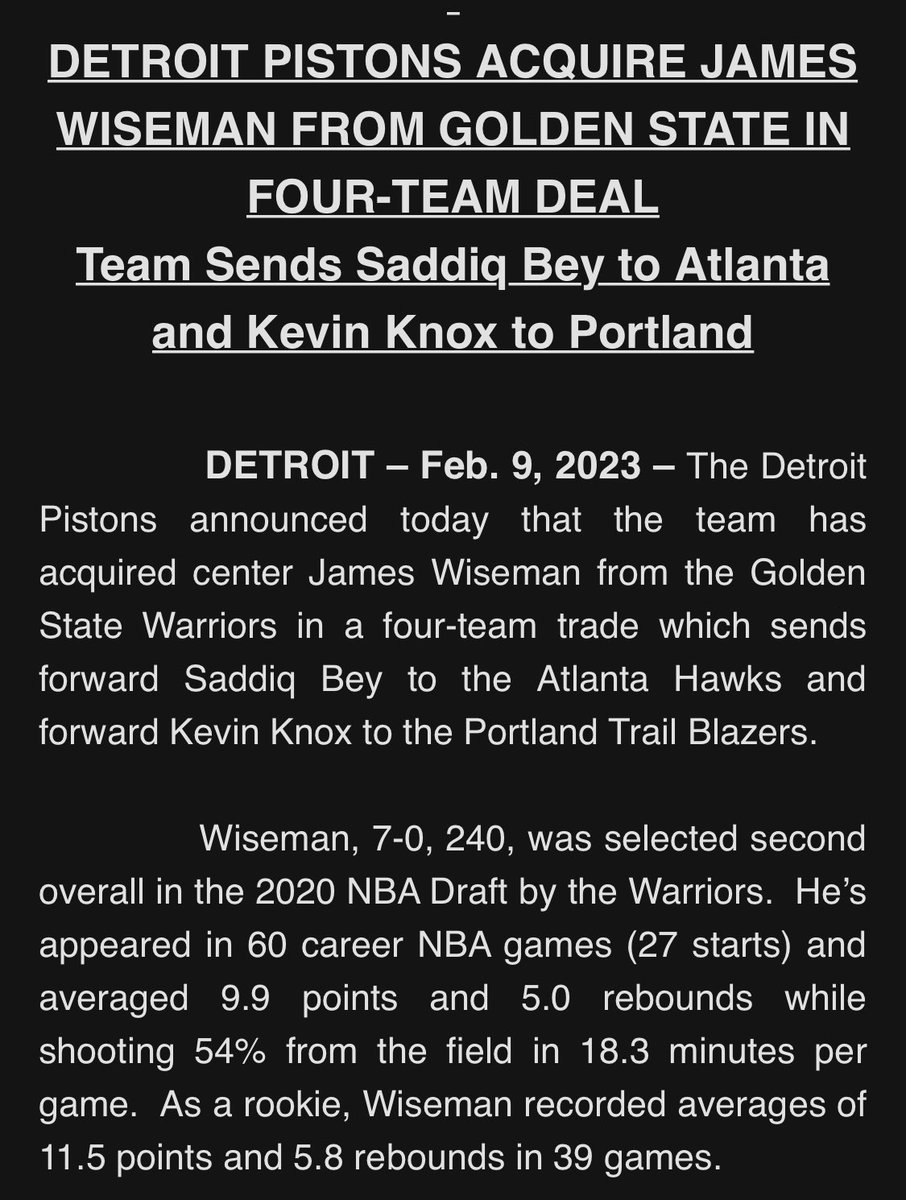 Warriors trade James Wiseman in multi-team deal with Hawks, Pistons