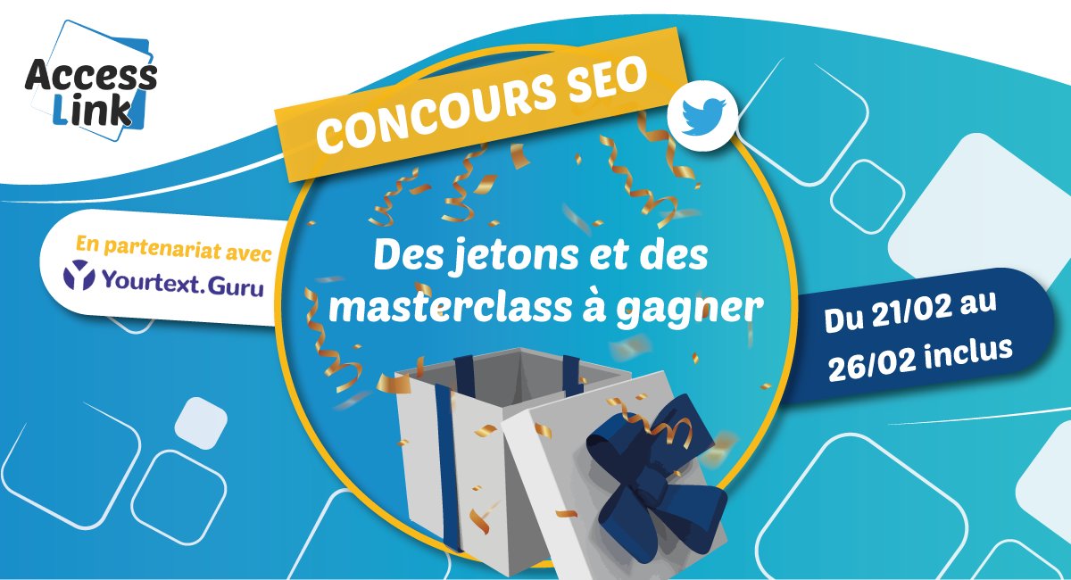 🔗 AccessLink - Backlinks dès 3 € 🔗 (@access_link) on Twitter photo 💥CONCOURS - 4 lots en jeu🎁
- 2 packs de 500 jetons yourtext.guru (240 € HT) pour générer des guides
- 2 Masterclass “Cocon SEO” des frères Peyronnet (230 € HT)
👉 RT & follow <a href="/yourtextguru/">Lucie de Yourtext.guru</a> + <a href="/access_link/">🔗 AccessLink - Backlinks dès 3 € 🔗</a> pour jouer
4 gagnants - 1 lot chacun - TAS lundi 10h 💥CONCOURS - 4 lots en jeu🎁
- 2 packs de 500 jetons yourtext.guru (240 € HT) pour générer des guides
- 2 Masterclass “Cocon SEO” des frères Peyronnet (230 € HT)
👉 RT & follow <a href="/yourtextguru/">Lucie de Yourtext.guru</a> + <a href="/access_link/">🔗 AccessLink - Backlinks dès 3 € 🔗</a> pour jouer
4 gagnants - 1 lot chacun - TAS lundi 10h
