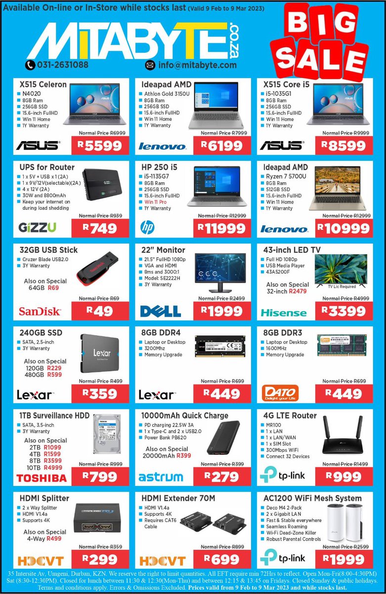 Don’t miss out on our Sale!😍🔥
•
Shop our full sale here: mitabyte.co.za/deals
•
Prices valid from 9 Feb to 9 March 2023 or while stocks last!
#sale #tech #southafrica