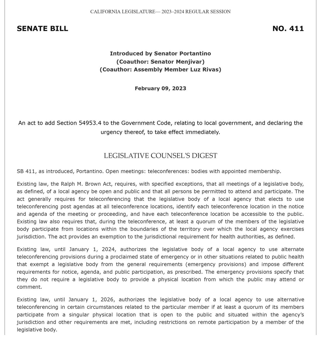 State Senator Anthony <a href="/Portantino/">Anthony Portantino</a> has introduced SB 411 which would allow LA City's Neighborhood Councils, and other public entities, to continue holding virtual meetings.  Thank you Senator <a href="/Portantino/">Anthony Portantino</a> and the two co-authors!  Link to bill text:  leginfo.legislature.ca.gov/faces/billNavC…