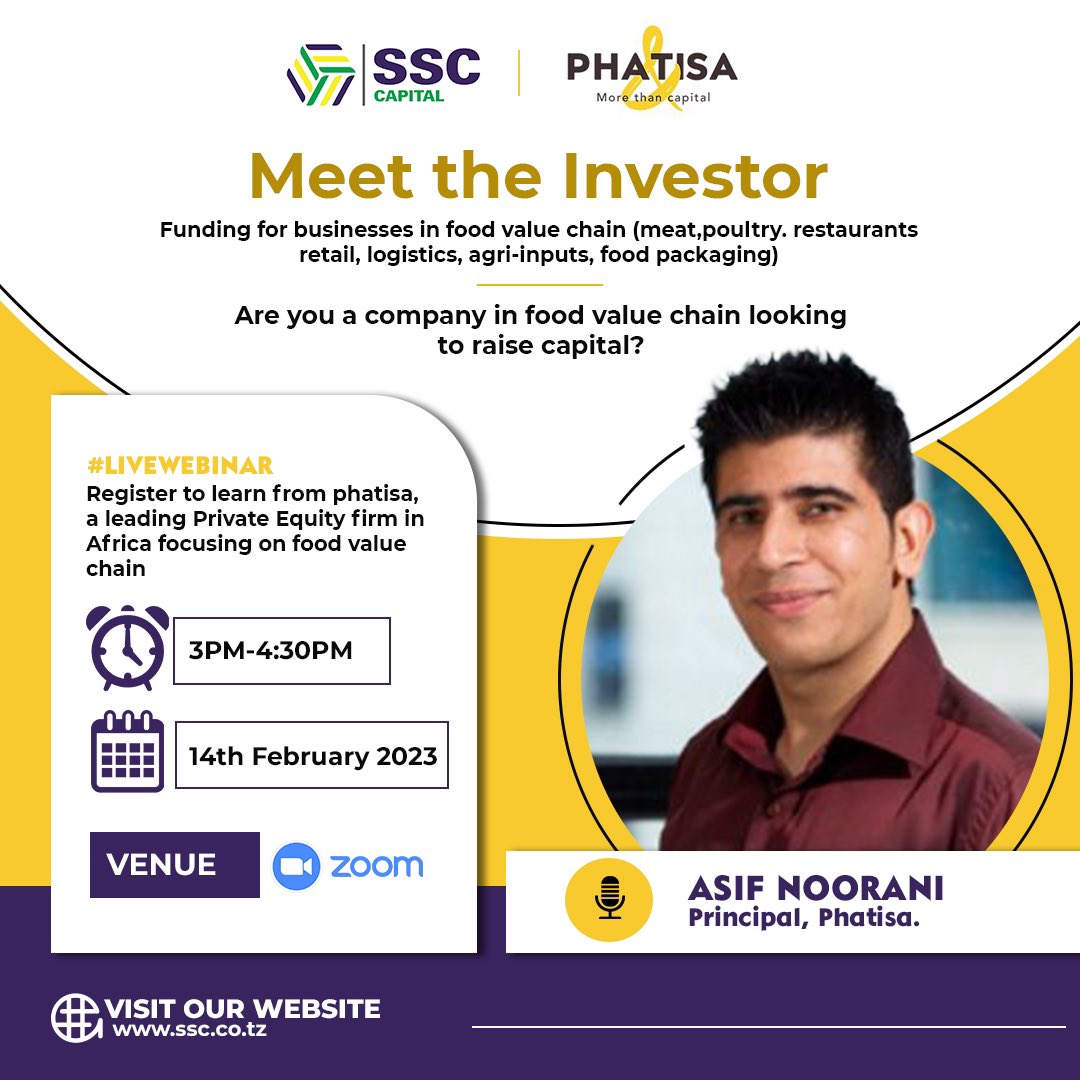 Phatisa is one of the largest Private Equity firms in Africa investing in food value chain. Currently looking for opportunities in Tanzania.

Join us to learn on what the investor looks before they invest 

Register us02web.zoom.us/meeting/regist…