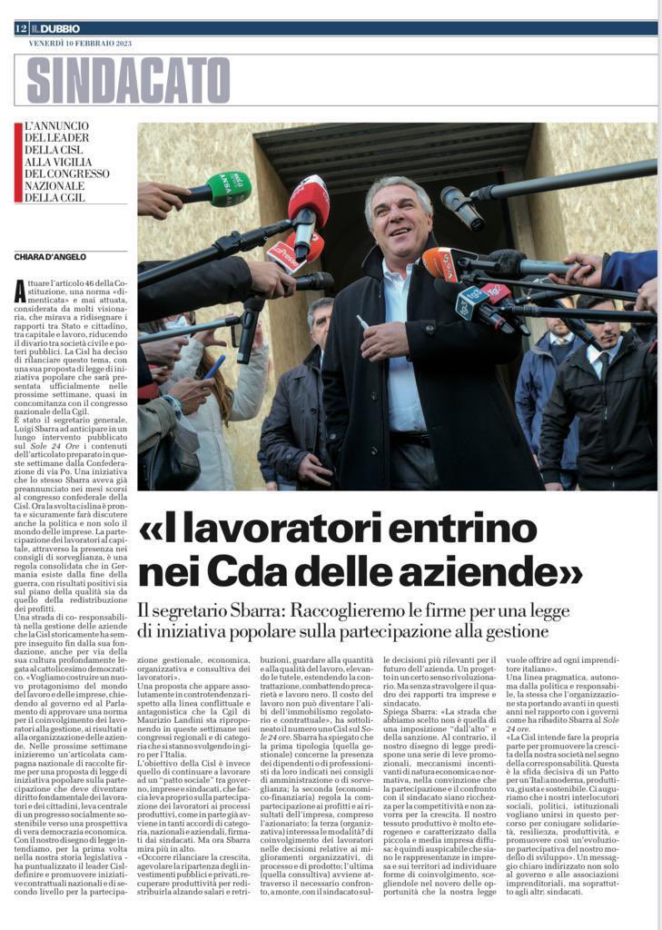 Attuare l’articolo 46 della Costituzione sulla democrazia economica. Su “<a href="/ildubbionews/">Il Dubbio</a> ” la proposta della #Cisl di una legge di iniziativa popolare sulla partecipazione dei lavoratori alla gestione delle aziende.