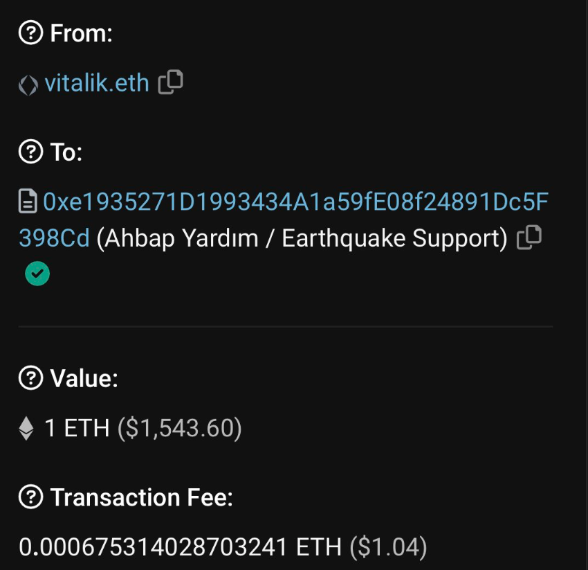 Ethereum kurucusu Vitalik Buterin, depremzedeler için AHBAP Vakfı'na 1 ETH'lik bağış yaptı. Buterin'e Türk kripto topluluğundan tepkiler var.