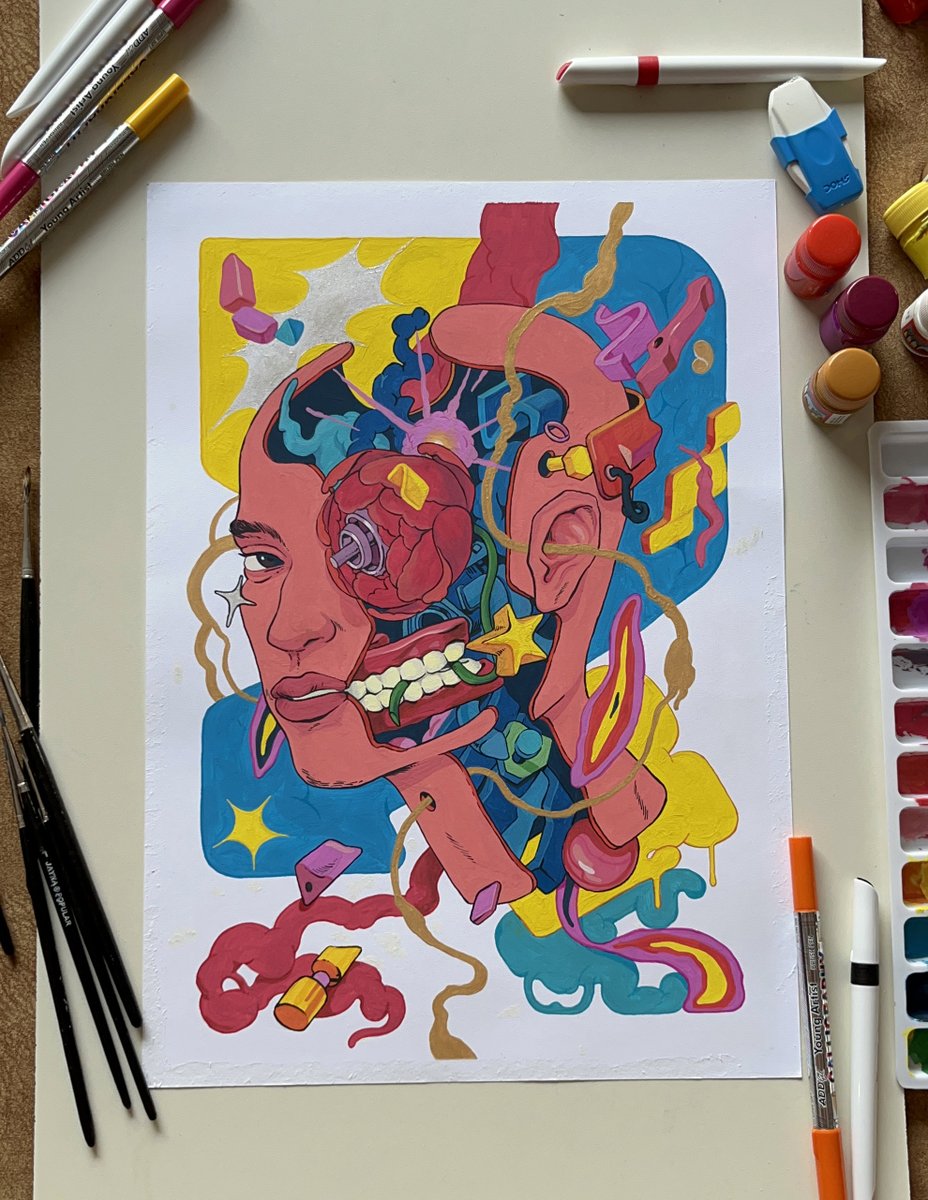 muhammedsajidn's tweet photo. ✨Supervision✨
It's been a while since I sat long and done something like this.
The brush strokes
The smell
The color splash
The glossiness…
Feeling super fresh🌝
.
Acrylic x Poster color x Brush pen on Paper.
#muhammedsajid #drawing #acrylic #postercolour #illustration https://t.co/V5690DNAIg