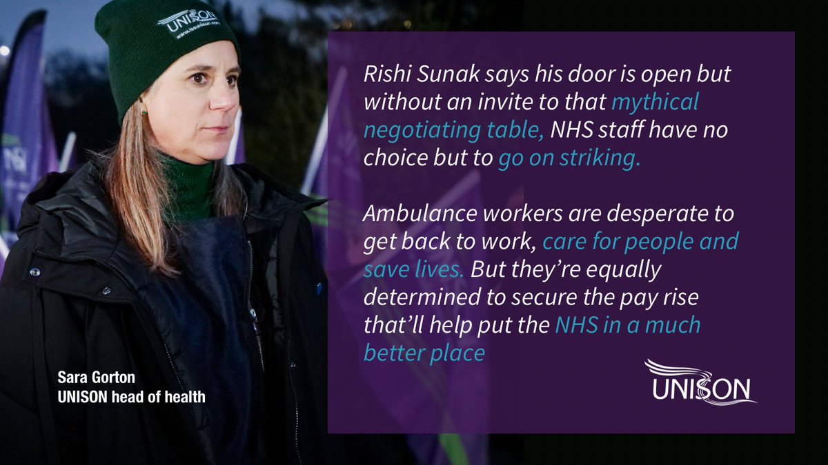unisontheunion's tweet photo. It’s time the PM ditched the pretence and came clean with the public https://t.co/AP9ZxW0FPz

‘Rishi Sunak says his door is open but without an invite to that mythical negotiating table, NHS staff have no choice but to go on striking’ Sara Gorton, UNISON 

#PutNHSPayRight
1/6 https://t.co/8jJ6vXyor4