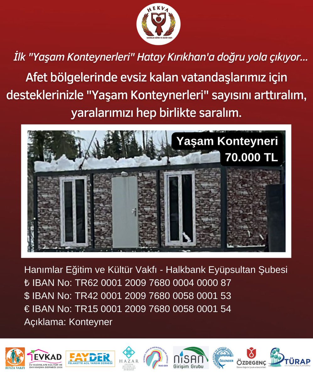 Afet bölgelerinde evsiz kalan vatandaşlarımız için HEKVA öncülüğünde STK’lar olarak biraraya geldik.  “Yaşam konteynerleri” için yola çıktık desteklerinizi bekliyoruz. #gecmisolsunturkiyem