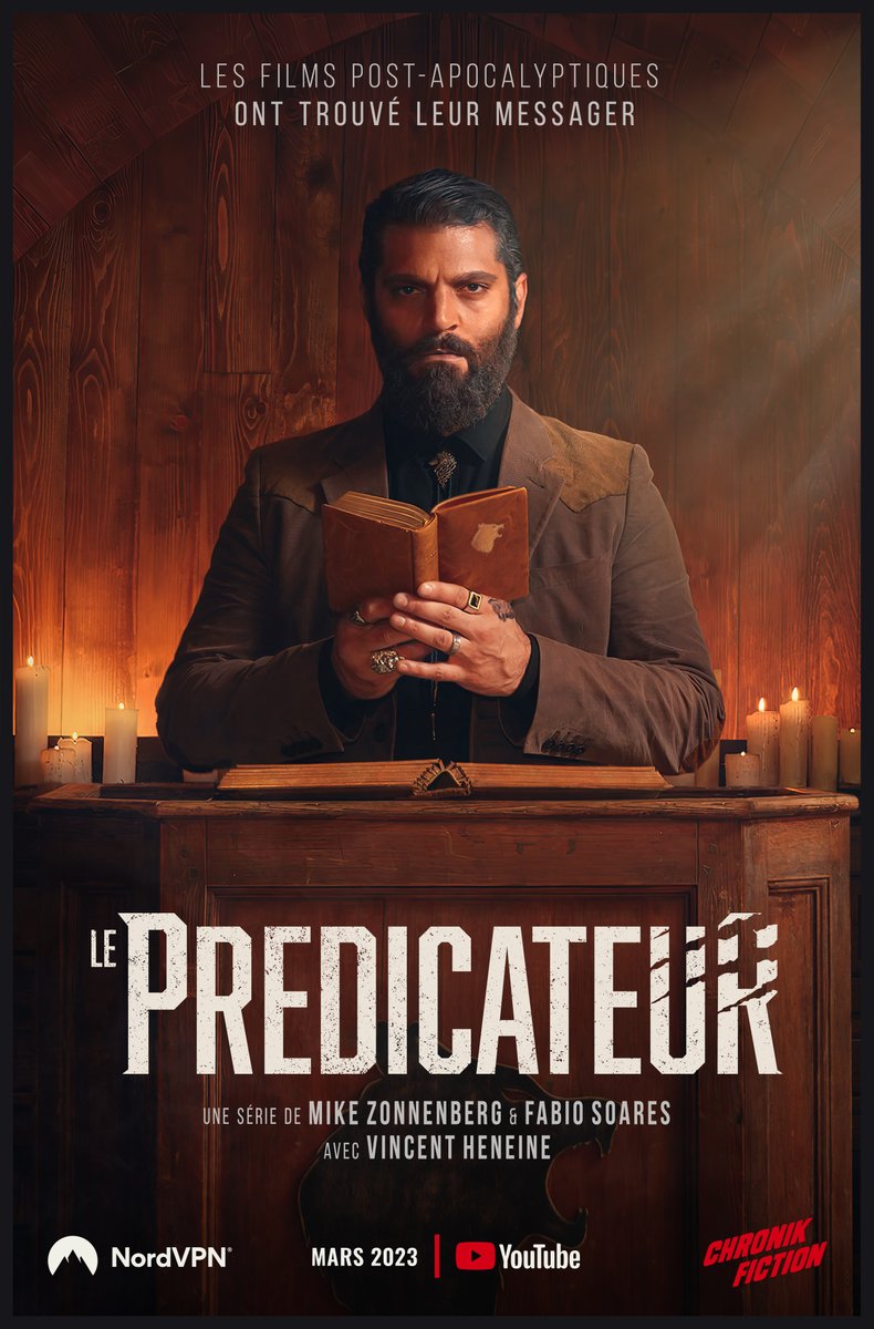Voici l'affiche officielle du Prédicateur ! 🫵⛪️📖 

Après un peu + de 4 ans d'existence, Chronik Fiction est très fière de vous présenter son 3ème personnage incarné par <a href="/VincentHeneine/">Vincent Heneine</a> 🤩

Alors, RDV en mars pour la fin du monde 🔥
#ChronikFiction #YouTube