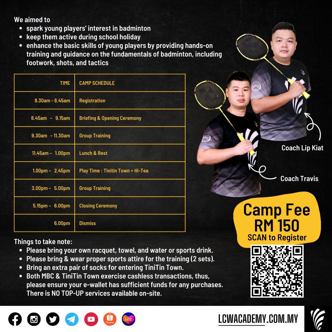 LCWAcademy's tweet photo. "Keep the kids active during the holidays! Join our Basic Badminton Bootcamp for a fun-filled day 💪🏸"
2023/01 BASIC BADMINTON BOOTCAMP 
Date: 27.02.2023 (Monday)
Time：8.00am - 6.00pm
Venue：MBC Gunung Rapat
Camp Fee : RM150 per pax

Suitable for players from 6 - 12 years old. https://t.co/MSsdNNUPuE