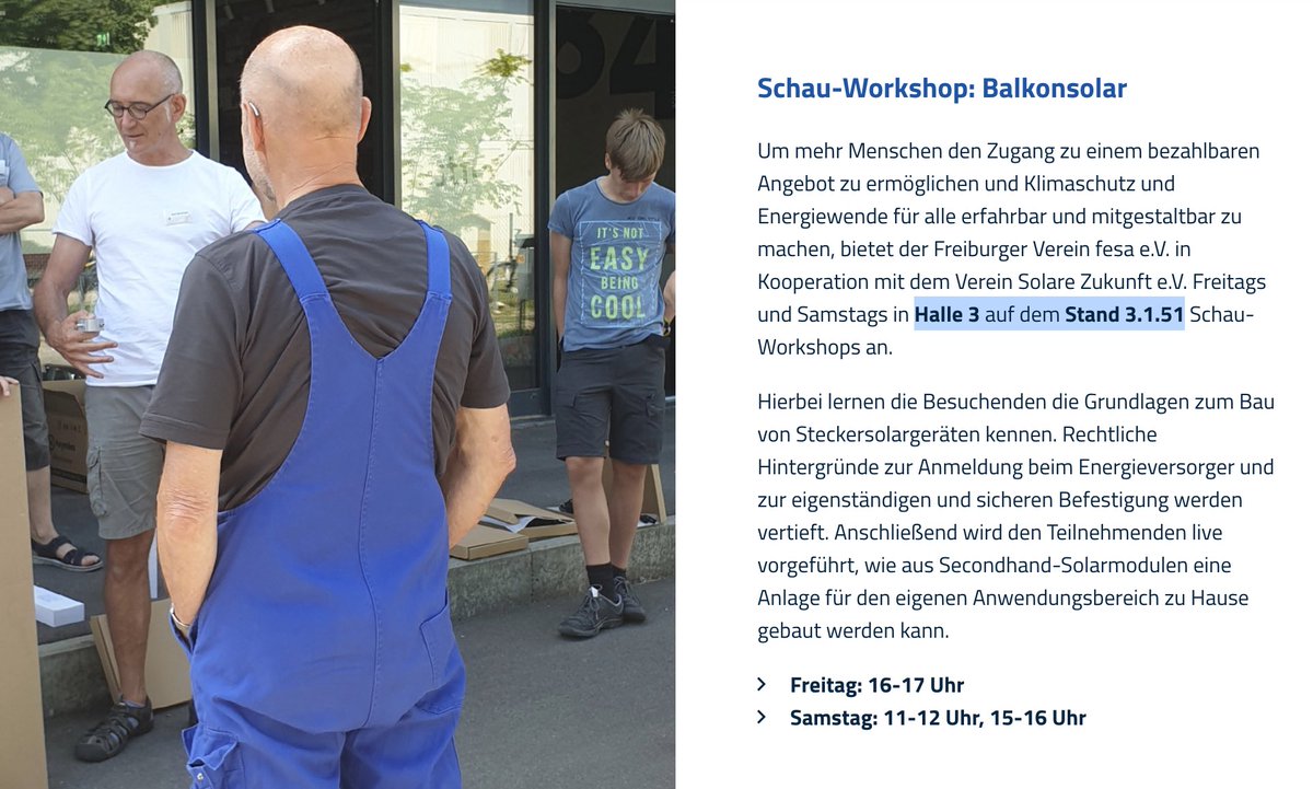 Schau-Workshop: #Balkonsolar

📅 Fr 10.2. 16-17:00
📅 Sa 11.2. 11-12:00 &amp; 15-16:00

📍 Halle 3 /Stand 3.1.51
🎢 GeTec Messe #Freiburg

ℹ️ getec-freiburg.de/die-messe/sond…
🤝 zusammen mit fesa e.V. &amp; Verein Solare Zukunft

#Solar #Balkon #Gebäude #Bauen #Energiewende