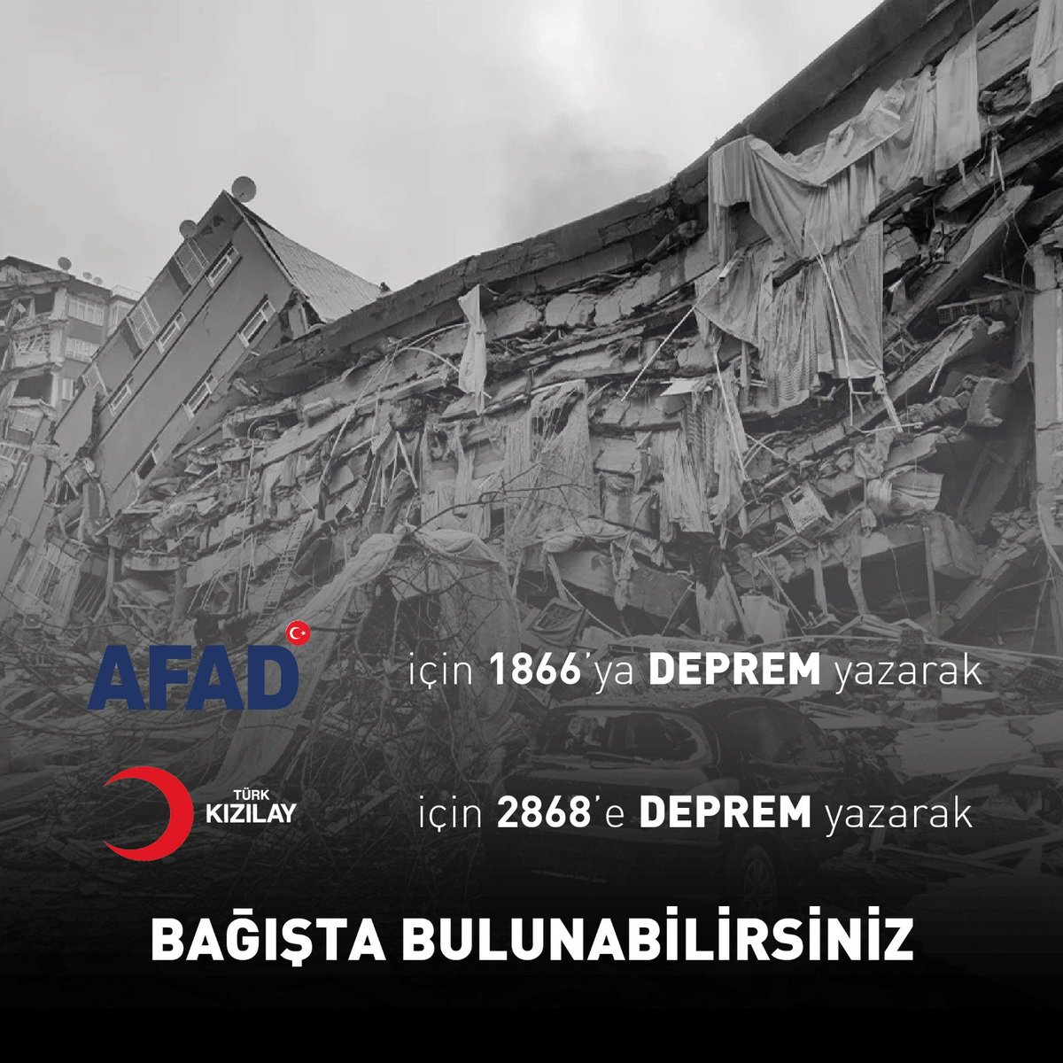TSRMmedya's tweet photo. Afetin yaralarını sarmak için “DEPREM” yazıp SMS yollayarak siz de bağışta bulunabilirsiniz...

#deprem #bağış #kızılay #afad https://t.co/hwksctoYVF