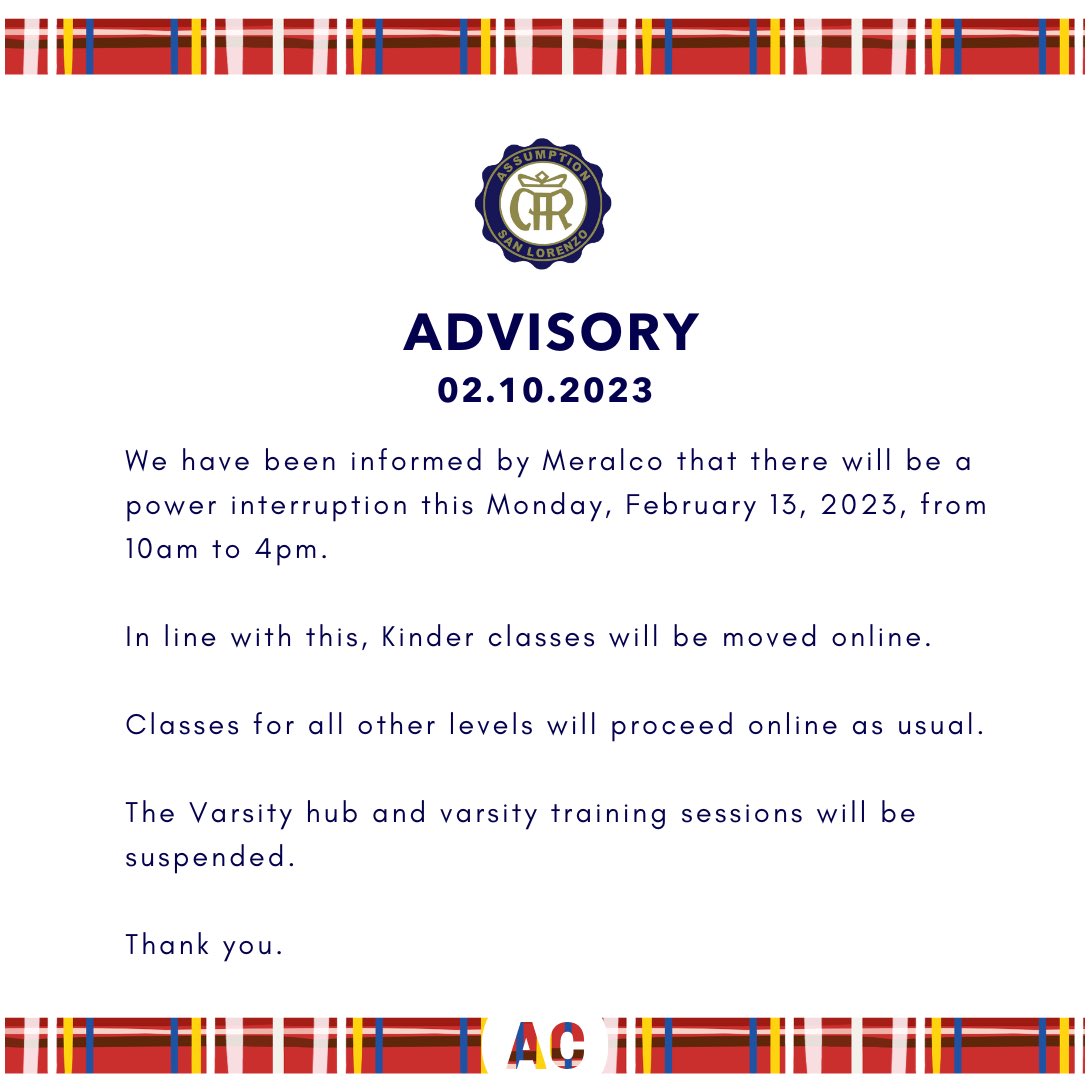 ACBasicEd's tweet image. ADVISORY - 02.10.2023
Please be guided accordingly. 
Thank you!