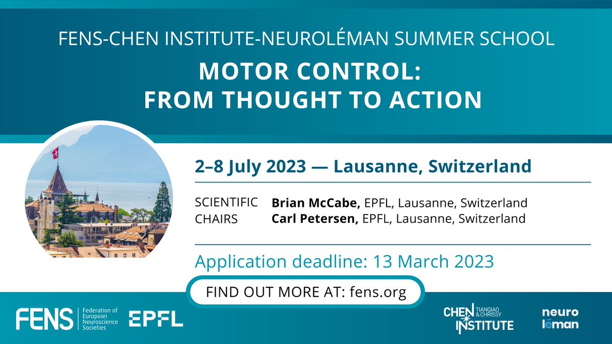 🤩 The #FENS-Chen Institute-NeuroLéman Network #SummerSchool registration is now open! Co-chaired by Brian McCabe and Carl Petersen, this #FENSSchool will explore #brain motor function. 🗓️ 2-8 Jul 2023 📍 Lausanne, Switzerland 👉Link: loom.ly/V92mMHk @NeuroLeman @EPFL_en