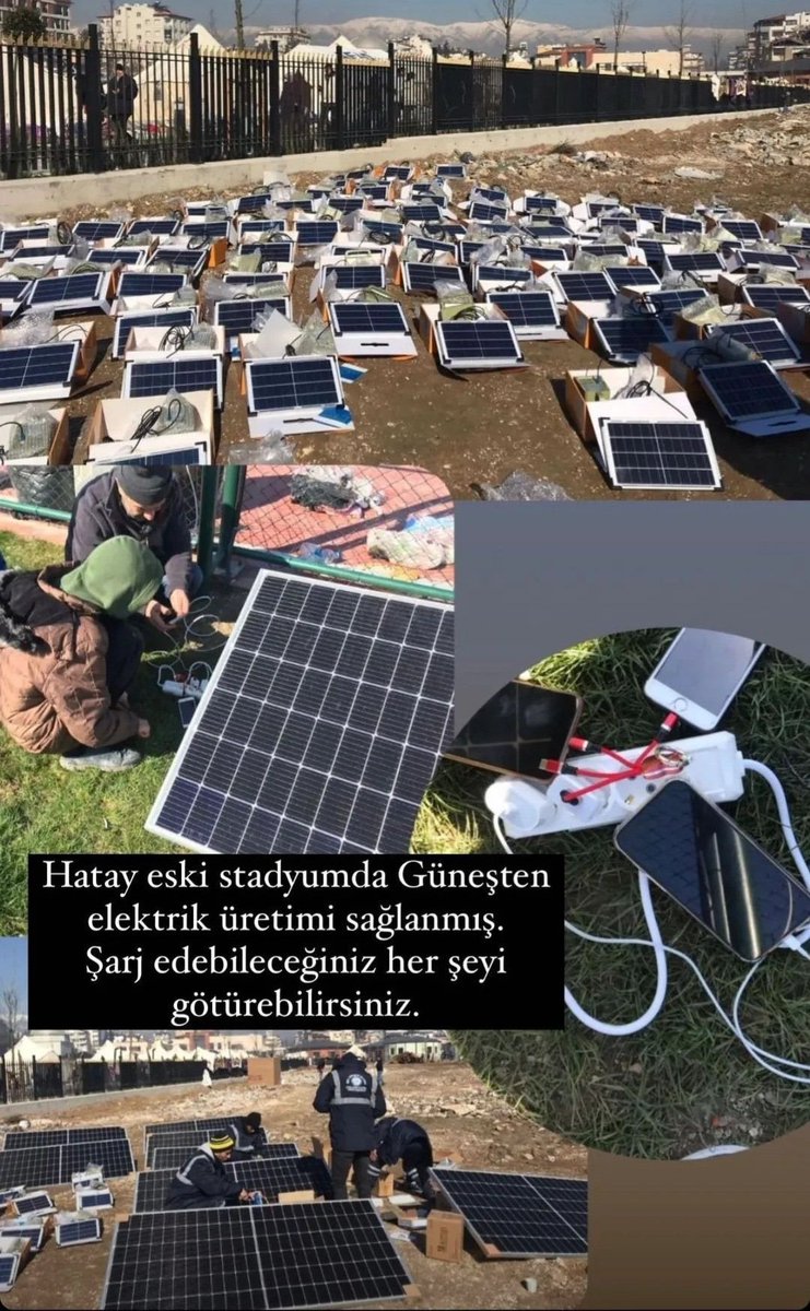 Hatay'da eski stadyum alanında güneş enerjisi sistemi ile bir şarj ünitesi kurulmuş. Bölgede iletişim öncelikli kişi, gönüllü ve görevlilerin görmesini sağlayalım.

#Deprem 
#Dayanışma
#Solidarity